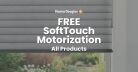 Banner advertising Free SoftTouch Motorization for all HunterDouglas products, featuring a modern window with motorized blinds.