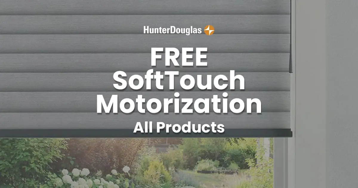 Banner advertising Free SoftTouch Motorization for all HunterDouglas products, featuring a modern window with motorized blinds.