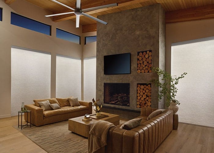 Luxury living room with modern window blinds and drapery, cozy fireplace, and stylish furniture for home decor and window treatment solutions.