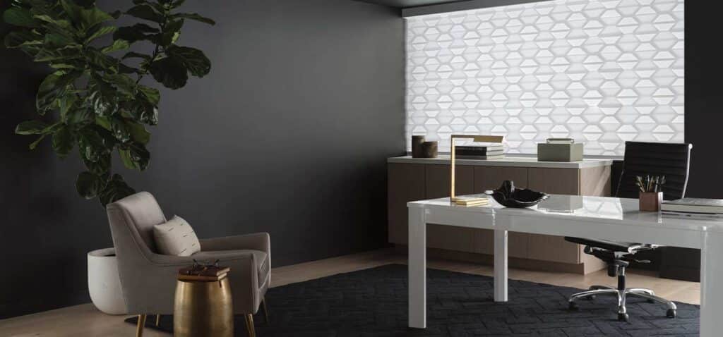 Patterned white window blinds with modern geometric design for home or office decor, featuring blackout and light-filtering options, custom-made for privacy and style.