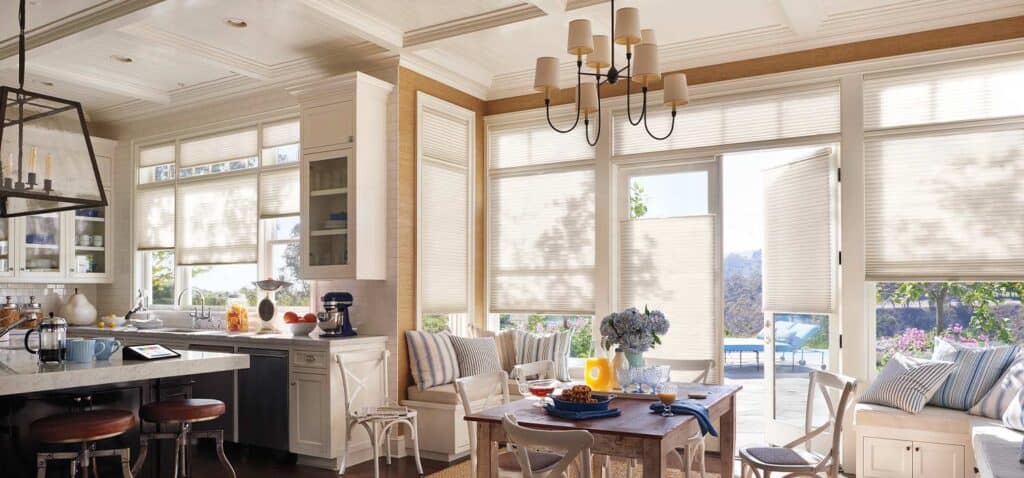 Window blinds for sunroom, modern cordless shades for kitchen, custom window treatments, energy-efficient window coverings, Blinds West expert window blind installation.