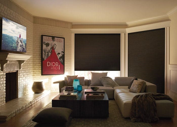 Black roller blinds on large bay window in modern living room featuring Blinds West window treatments, offering light control and privacy. Perfect for stylish home decor.