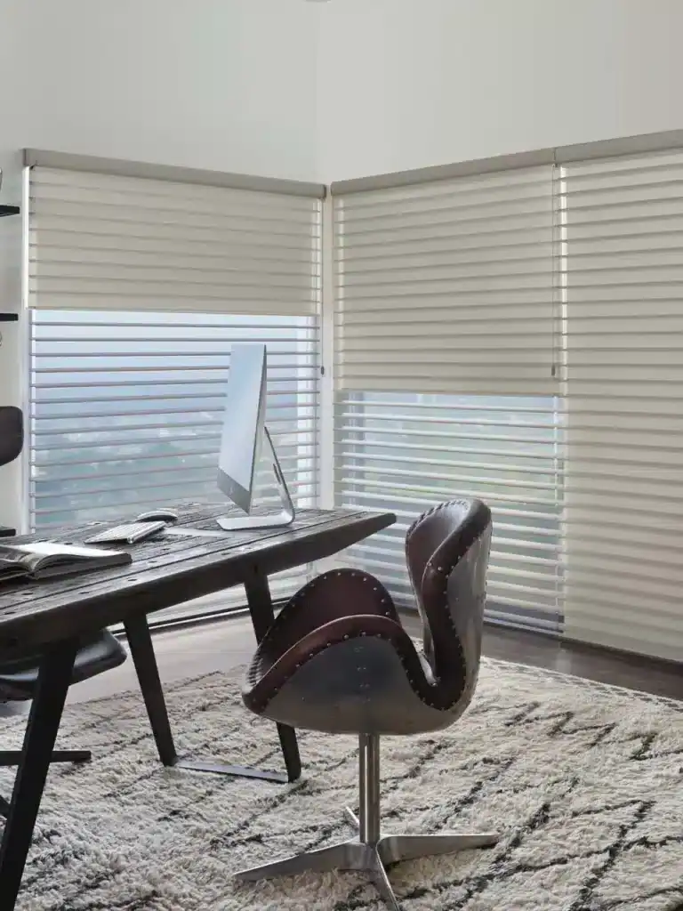 Custom white zebra blinds for modern home office decor, providing light control and privacy. Perfect for stylish and functional window treatment solutions.