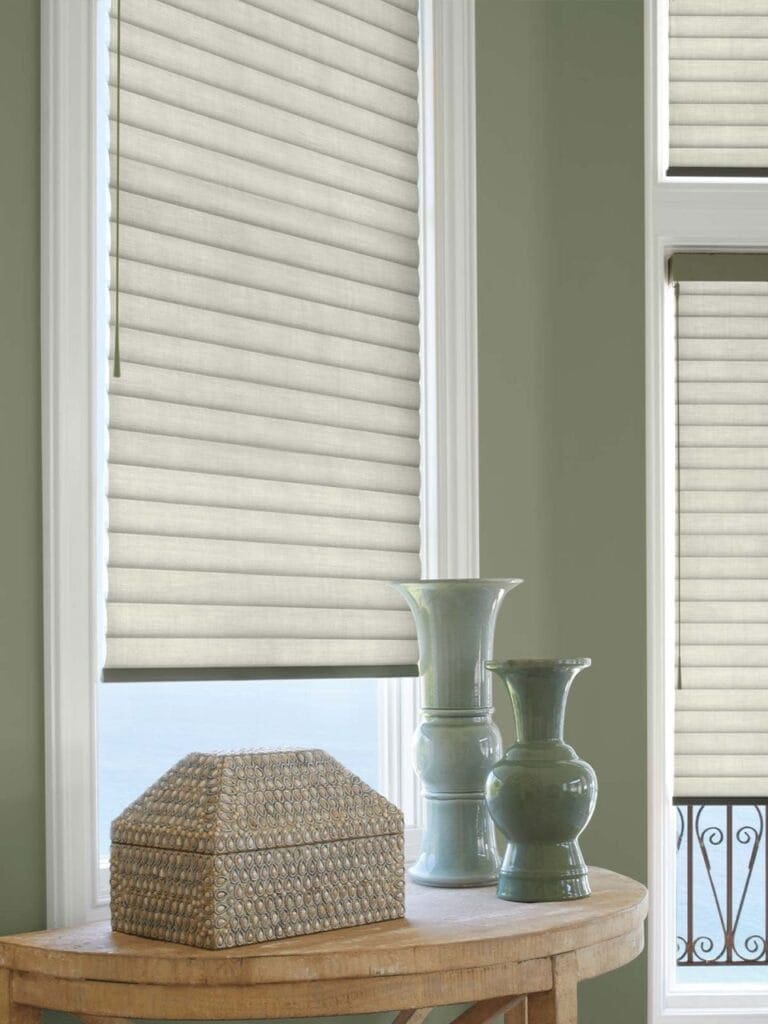 Custom beige pleated window blinds for sophisticated home decor, enhancing privacy and light control with stylish window treatment solutions from Blinds West.