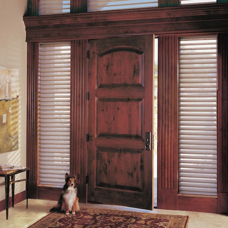 Luxury wooden door with faux wood blinds, home interior window treatments, rich wood finish with adjustable blinds, stylish and functional window covering, advance blinds and drapery.