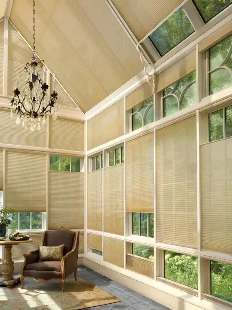 Blinds and Drapery window coverings, beige shades for privacy and light control, sun protection solutions, home interior decor, custom window treatment options, stylish window blinds.