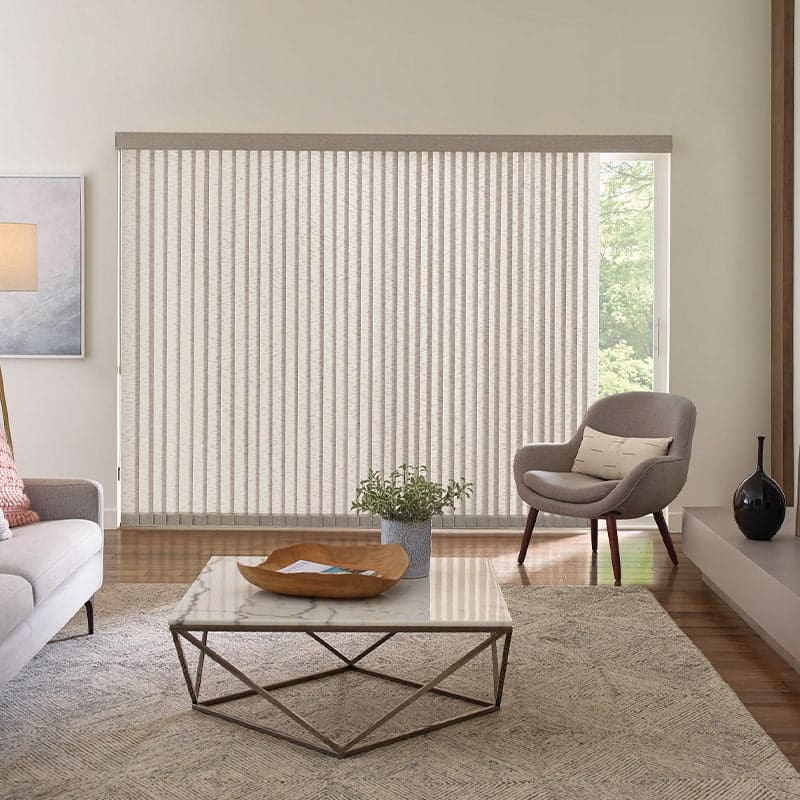 Vertical blinds for large windows, beige fabric, light-filtering, modern design, Residential home, custom window treatment, advance blinds and drapery, energy-efficient, stylish window coverings.