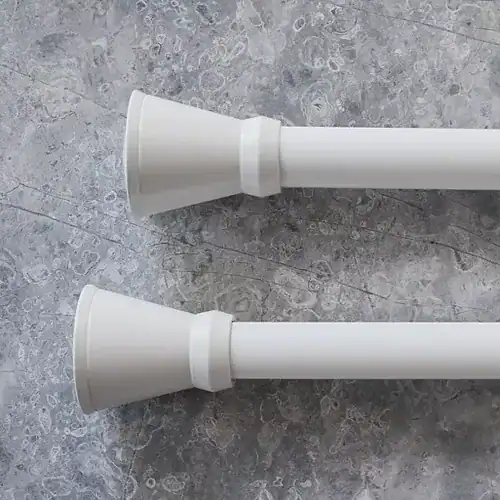 White curtain rod finials for window treatments, suitable for drapery and blinds, enhancing home decor and functionality. Perfect for custom window coverings from Blinds West.