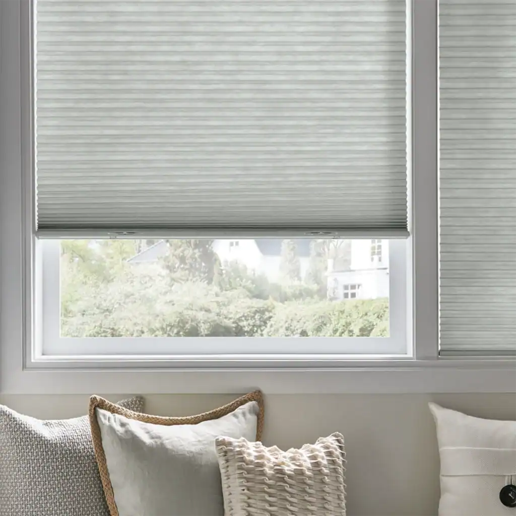 Sunshade window blinds, modern gray cellular shades, energy-efficient window treatment for homes and offices, blackout or light-filtering options from Blinds West.