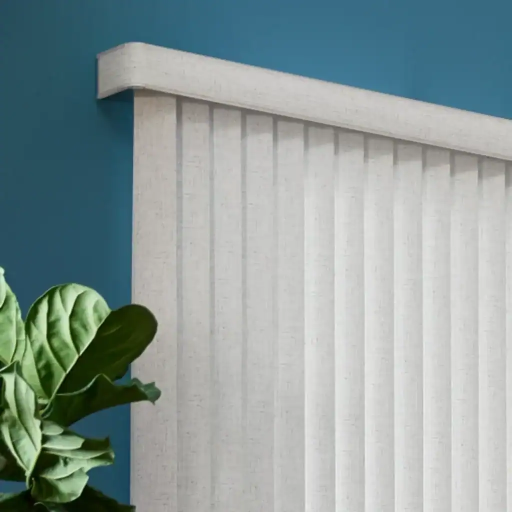 Light-colored fabric window treatment with pleats, ideal for custom blinds and drapery solutions at Blinds West.