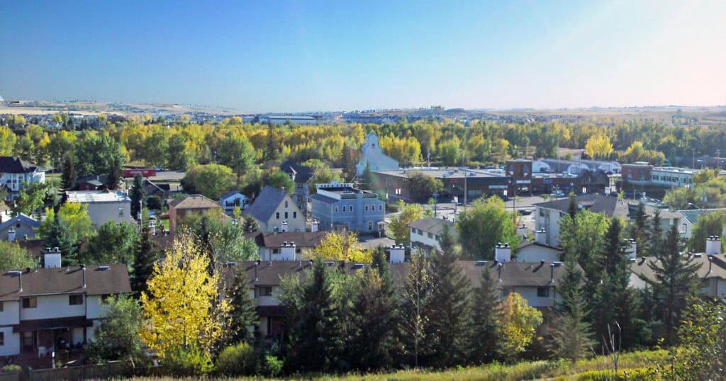 Colorful trees and residential homes in a suburban neighborhood during fall with lush greenery and blue sky.