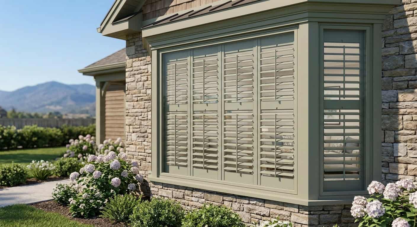 Large house window with green shutters and stone siding, surrounded by lush landscaping and blooming flowers, set against a scenic mountain backdrop.