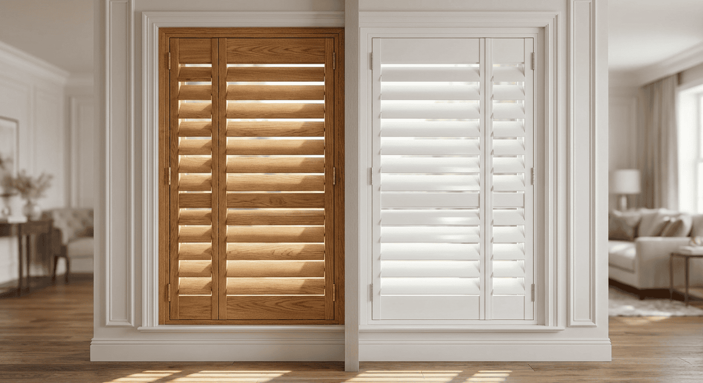 Wood and white window shutters, stylish interior design, natural light, home decor, window coverings, contemporary style, interior architecture, sunlight control, elegant home accents, residential win.