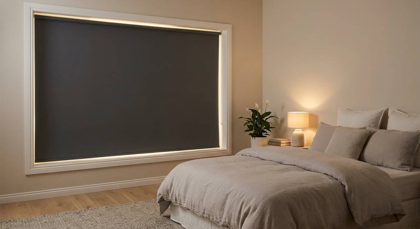 Modern bedroom featuring a large window with blackout curtains, soft bedding, and warm lighting creating a relaxing atmosphere.