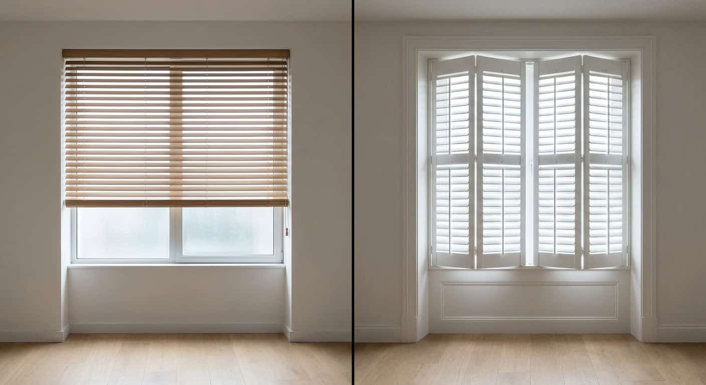 Window with horizontal blinds, providing privacy and light control in a modern interior.