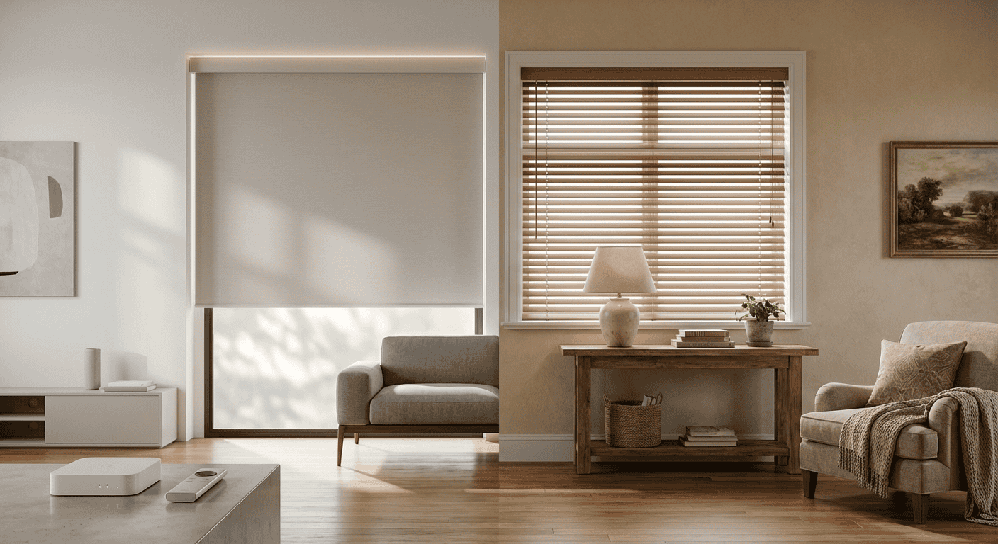 Bright living room with large window, wooden blinds, and comfortable seating area.