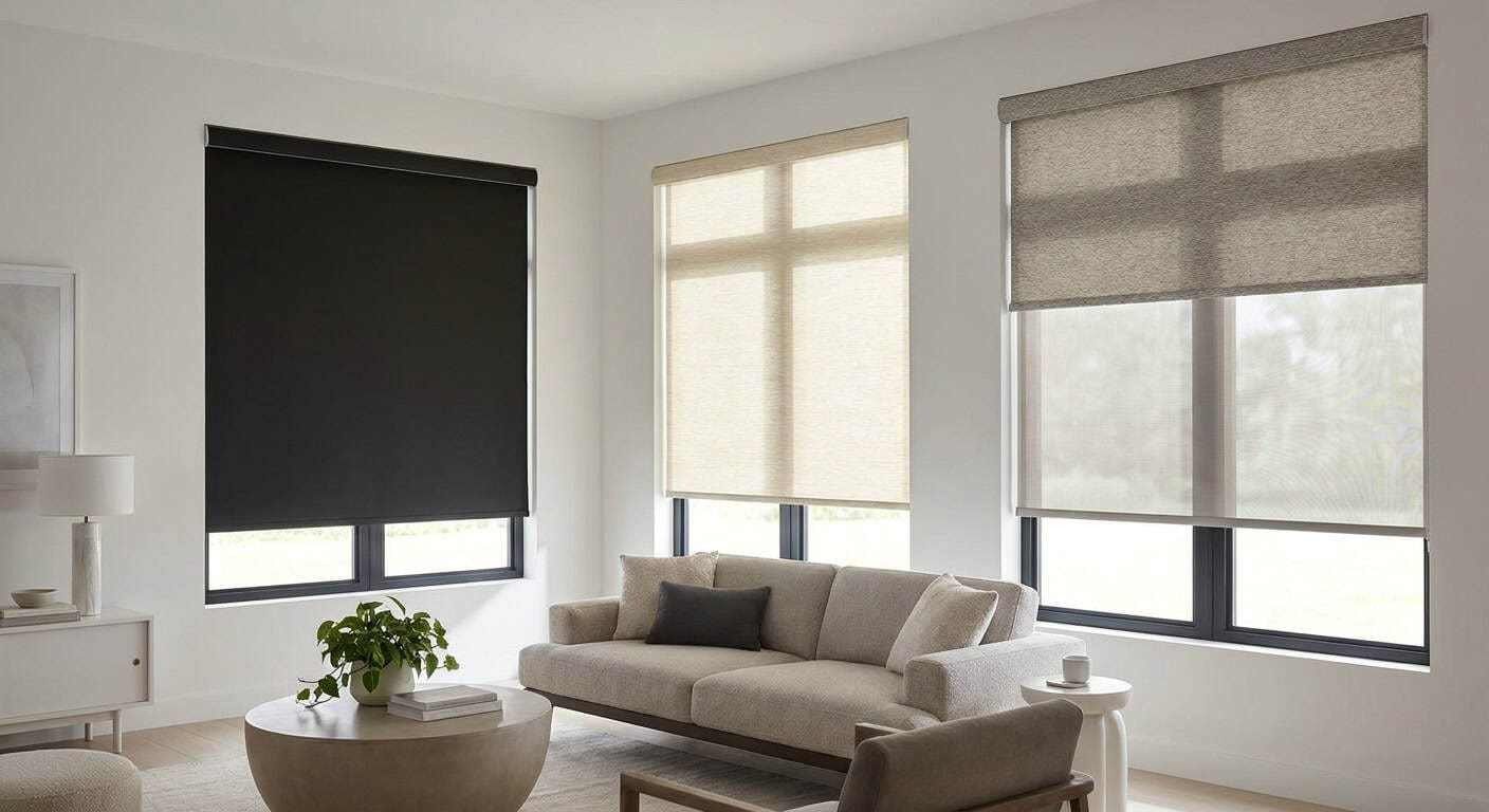Bright living room featuring blackout and sheer window blinds for light control and privacy. Comfortable sofa, coffee table, and minimal decor create a cozy, stylish space.