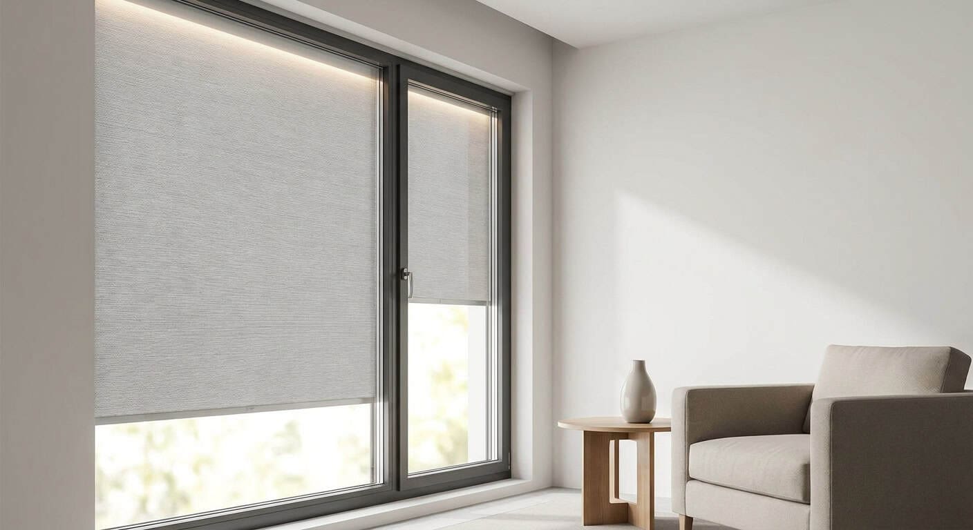 Large window with roller blinds in a modern living room, allowing natural light to brighten the space. Minimalist decor with a cozy armchair and small side table.