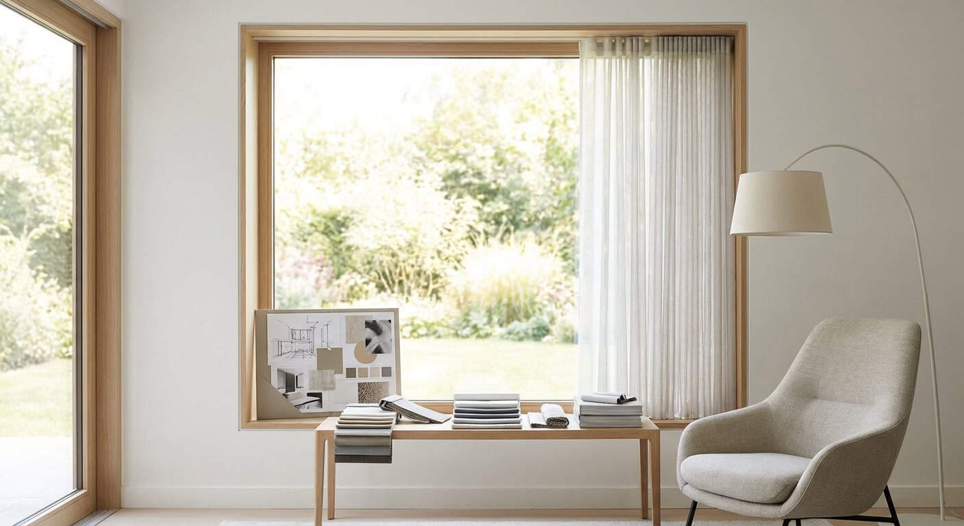 Bright living room featuring a large window with sheer curtains, a comfortable armchair, and a minimalist side table with books, offering a peaceful and inviting atmosphere.