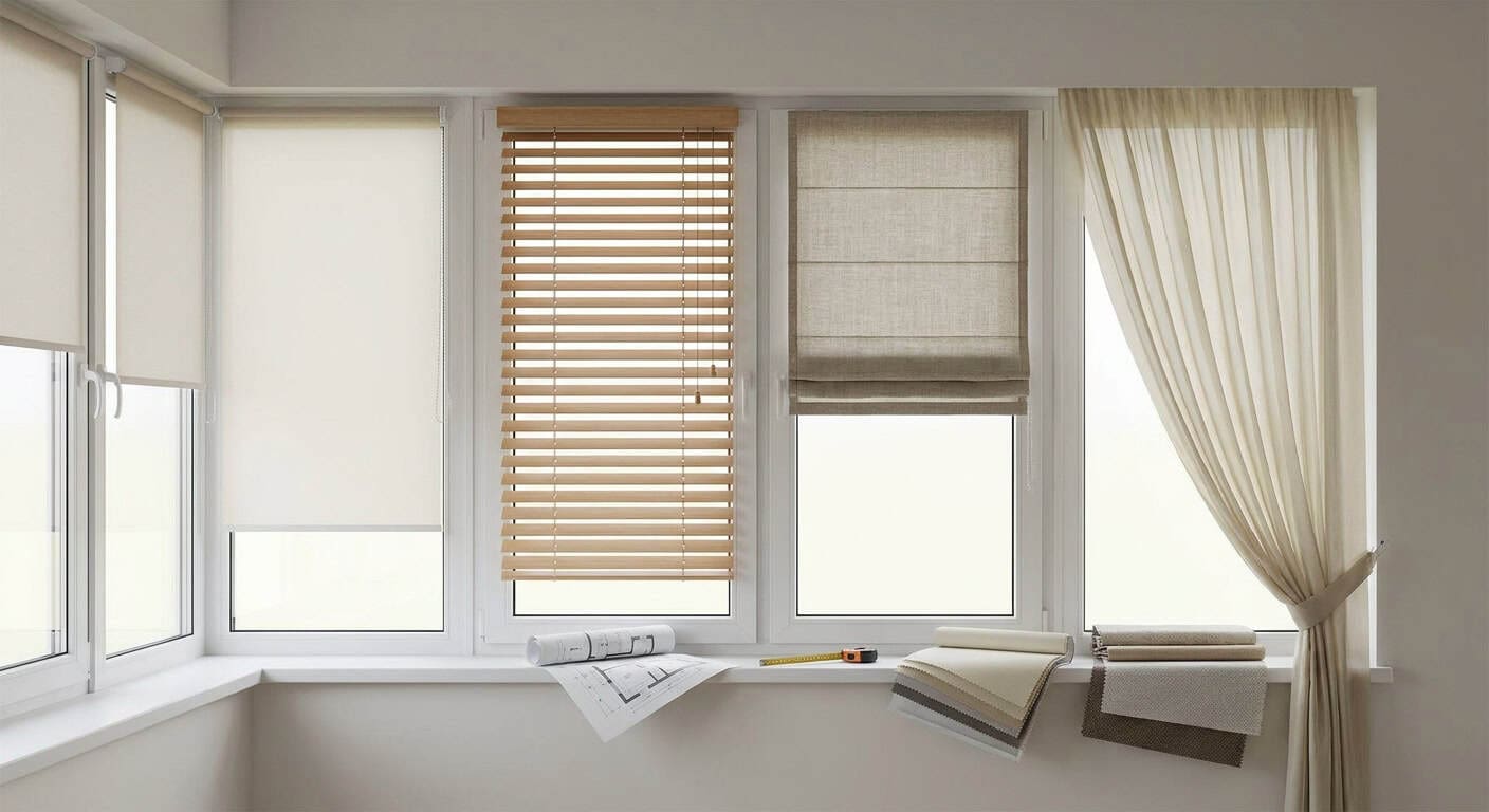 Bright room with various window coverings including blinds and curtains, showcasing different styles and textures for home decor.