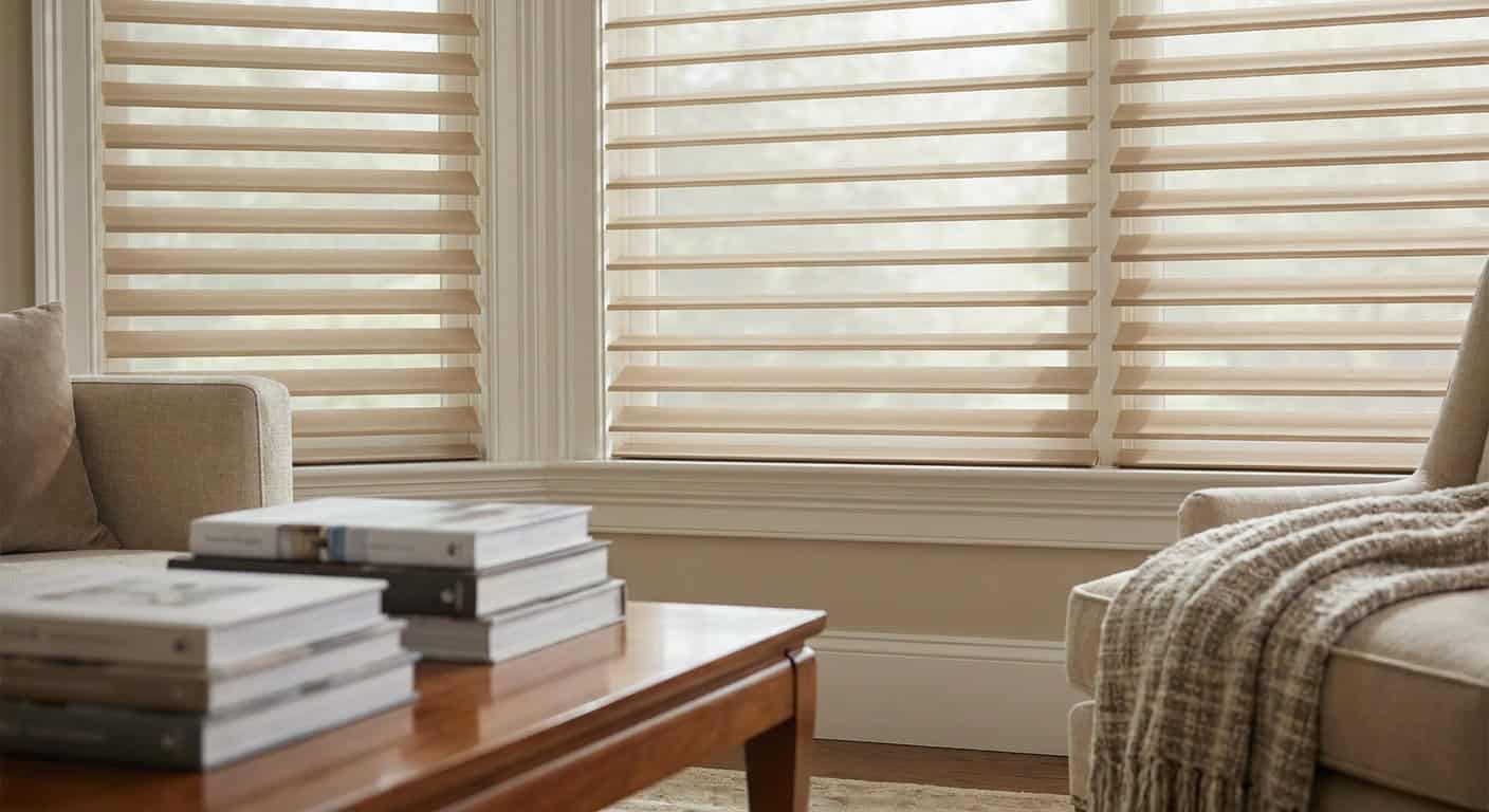 Bright living room with large windows covered by beige blinds, a beige sofa, and a wooden coffee table with stacked books.