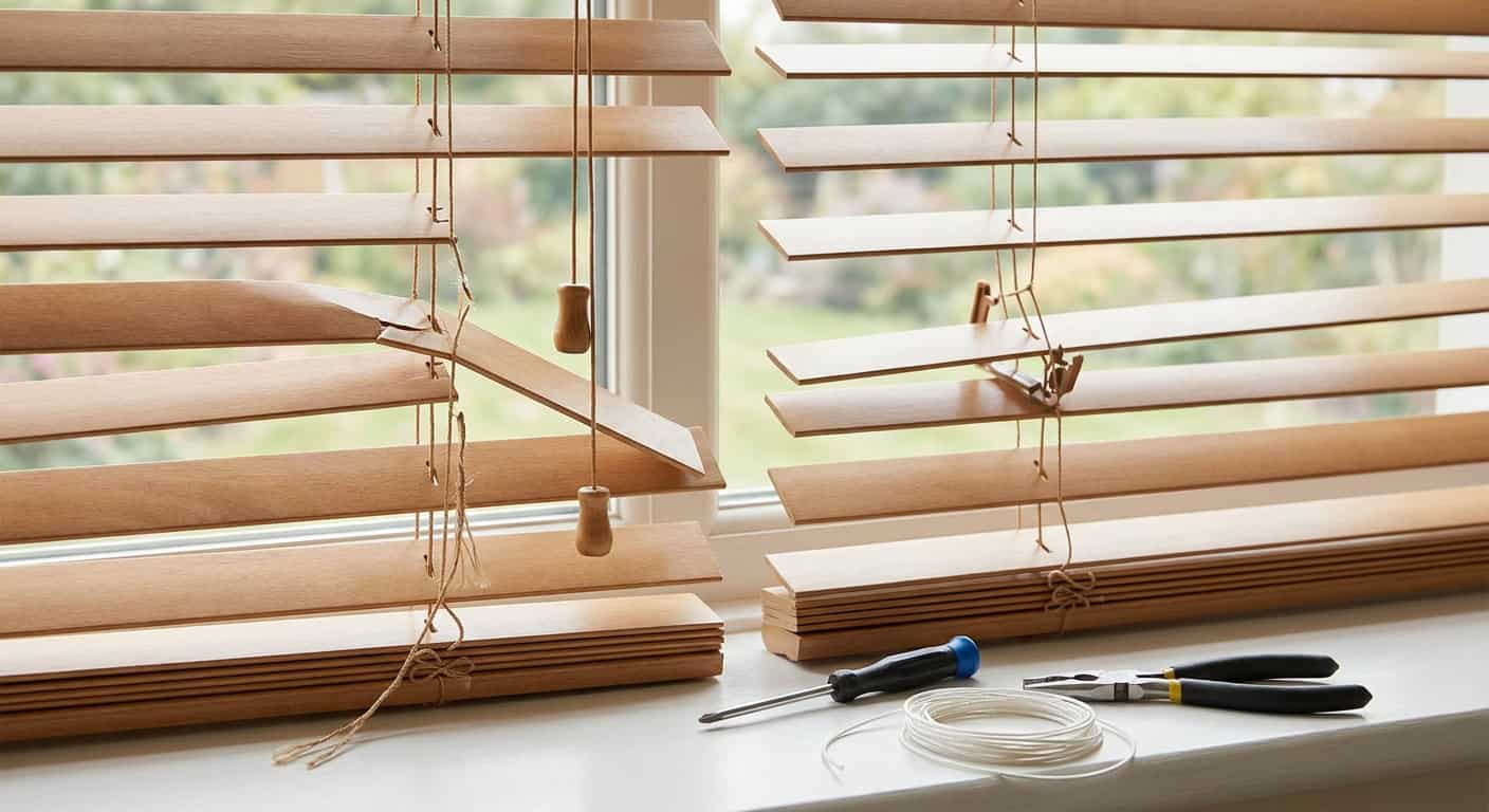 Close-up of wooden window blinds with a screwdriver and pliers on the windowsill, sunlight filtering through the slats.