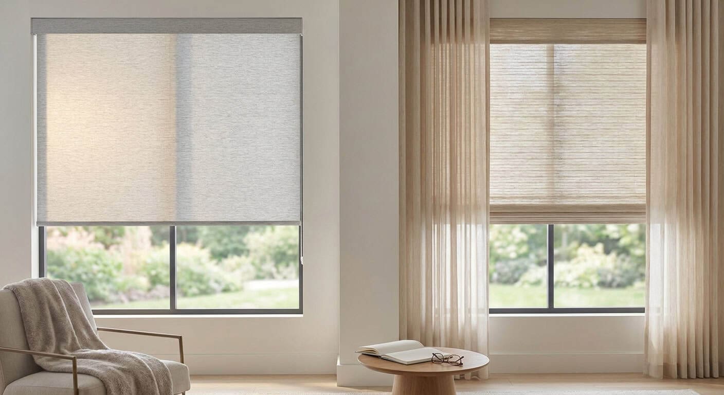 Bright living room featuring large windows with beige blinds and sheer curtains, overlooking a green outdoor landscape.