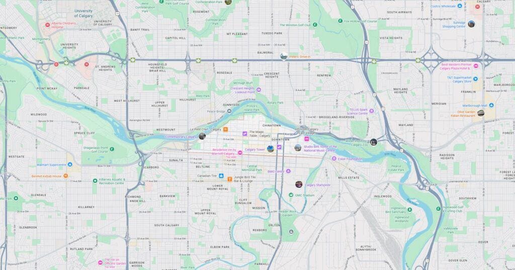 Detailed map of Calgary transit routes showing bus and train lines across the city and surrounding areas.