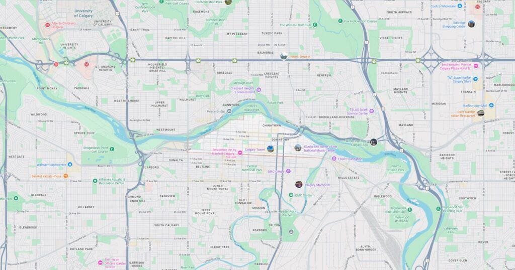 Detailed map of Calgary showing transit routes, highways, and landmarks in a clear, colorful layout for navigation and urban planning.