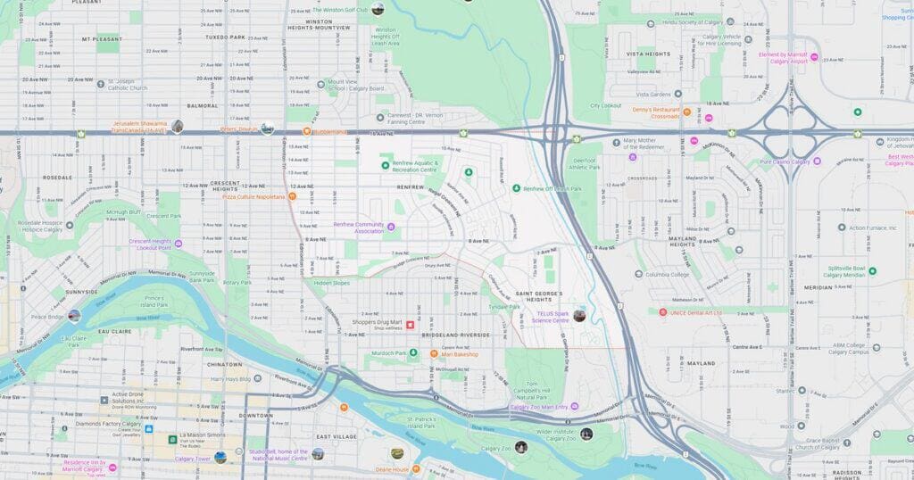 Detailed city map showing roads, highways, parks, and landmarks with street names and geographic features.