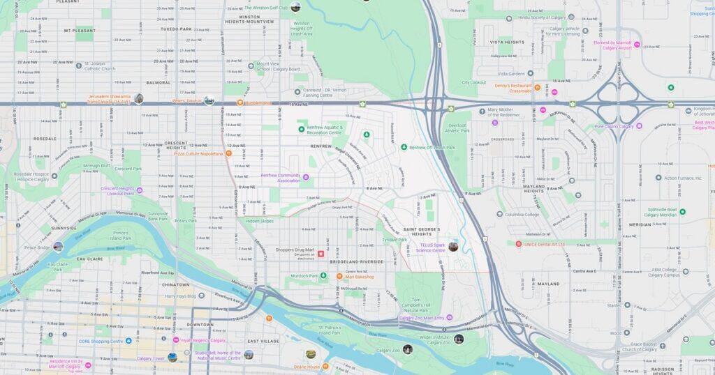 Detailed city map showing roads, highways, parks, and landmarks with street names and points of interest for navigation.