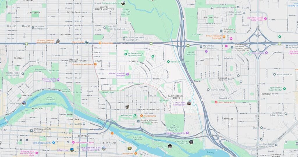 Detailed city map showing roads, highways, parks, and landmarks with street names and points of interest.