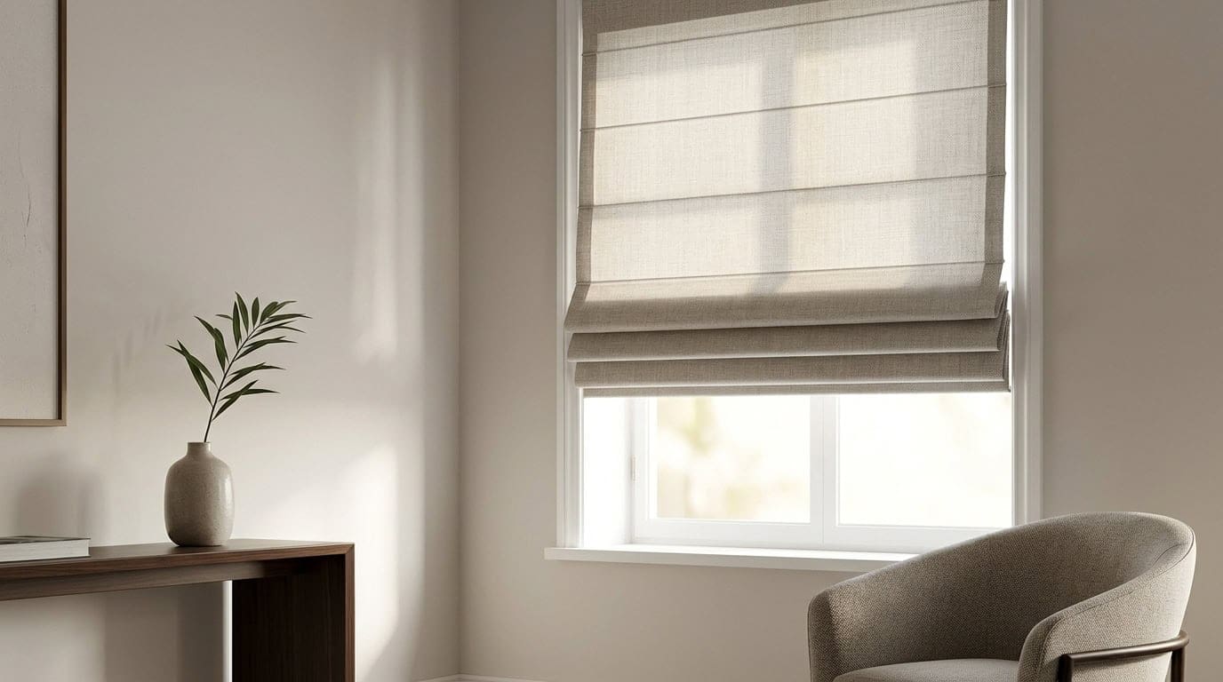 Bright room featuring a window with a beige Roman shade, a wooden side table with a potted plant, and a cozy armchair, creating a calm and inviting atmosphere.
