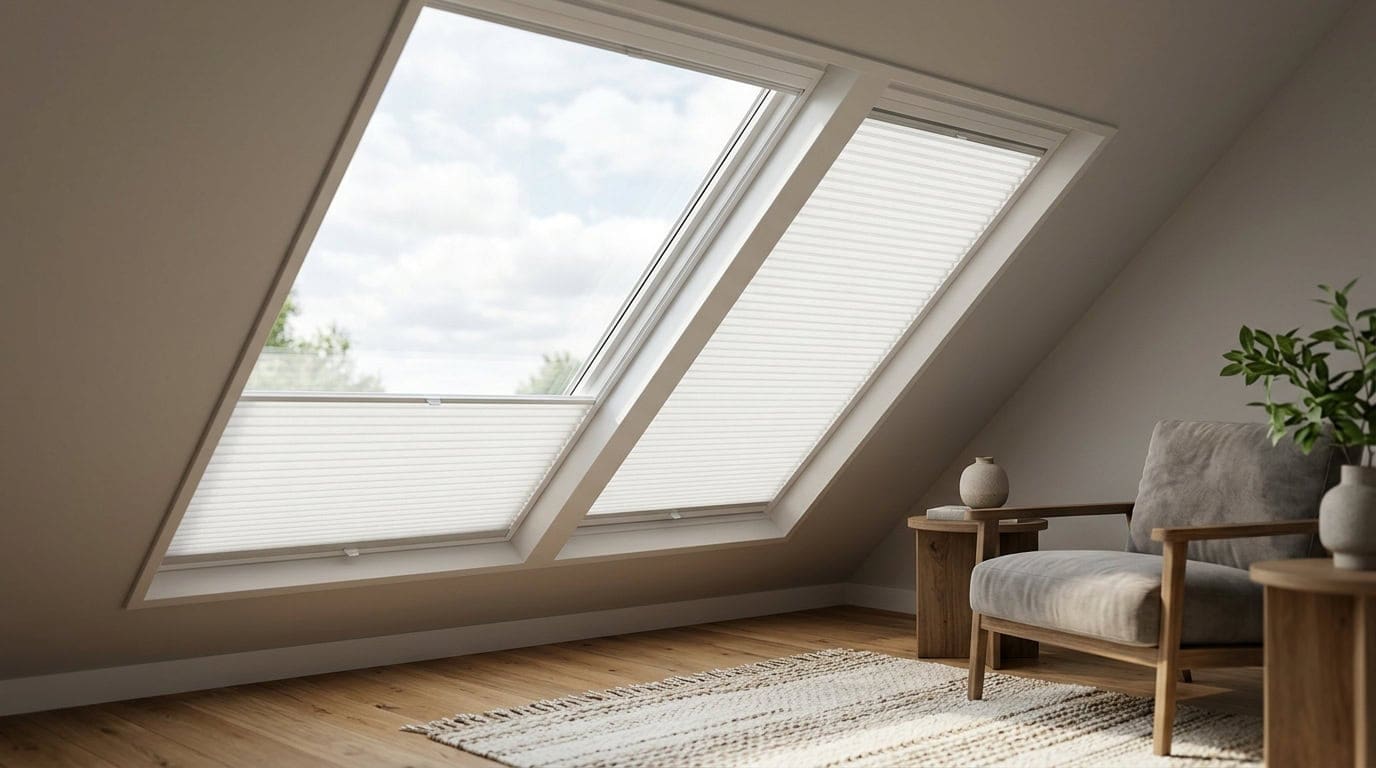 Bright attic room with large skylight windows, cozy armchair, small side table, and potted plant, natural light, minimalist decor, wooden floor.