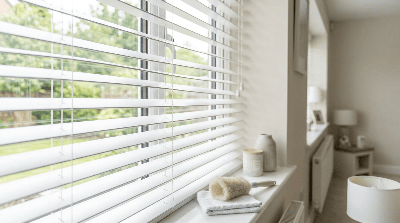 Sunlight streams through white horizontal window blinds into a cozy, modern room with decorative vases and soft furnishings.