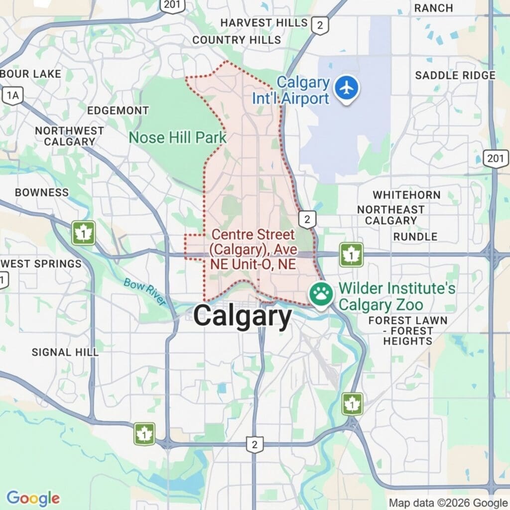 Map showing Calgary city with landmarks including Nose Hill Park, Calgary International Airport, and Calgary Zoo, highlighting major roads and neighborhoods.