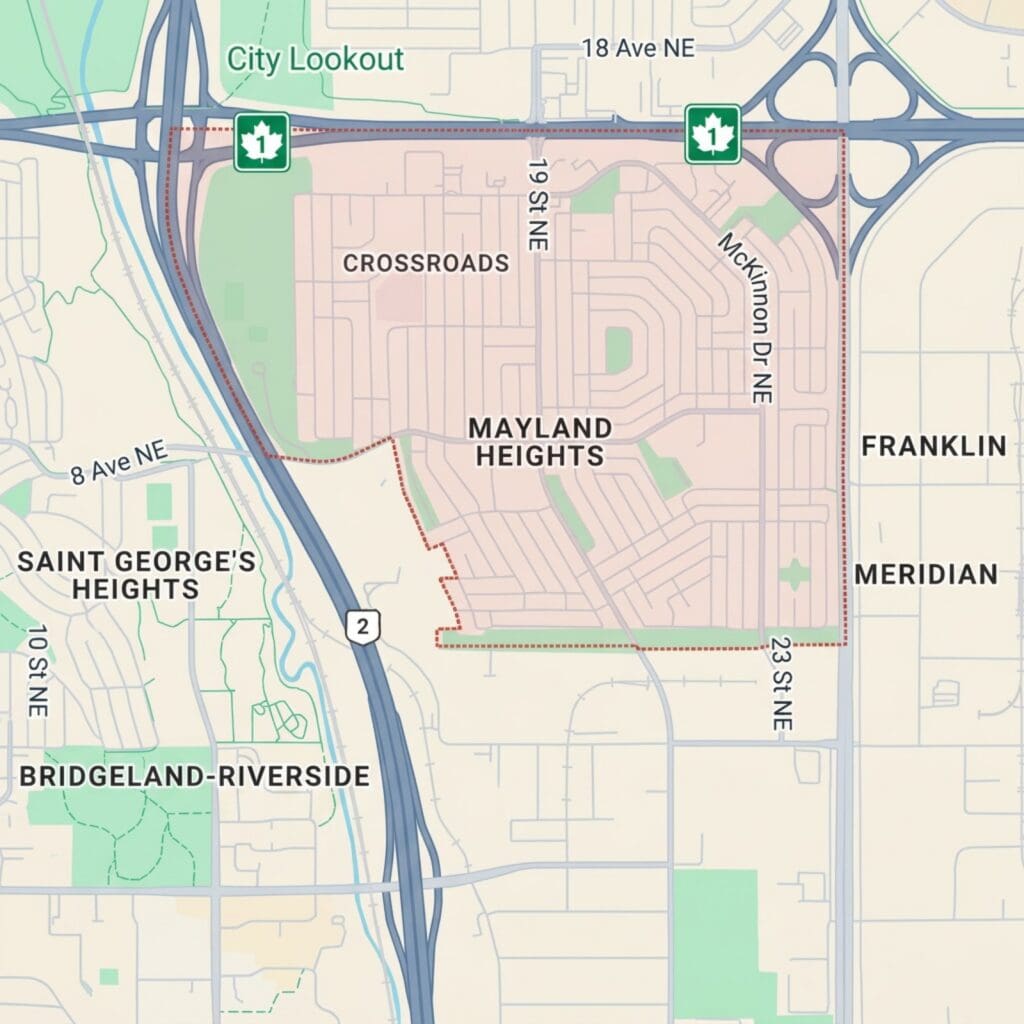 Detailed map showing Mayland Heights, Crossroads, Saint George's Heights, and surrounding areas with streets and highways.