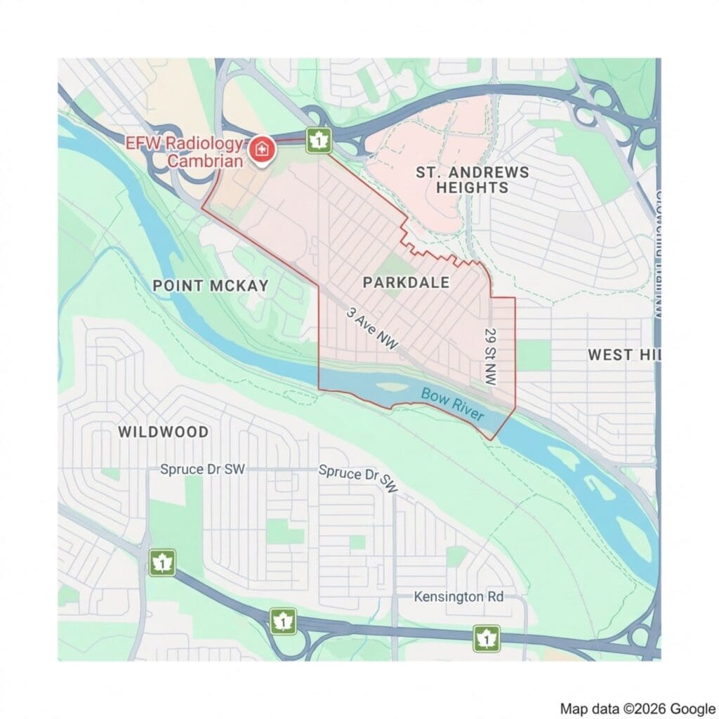 Detailed map showing Parkdale area along Bow River in Calgary, including streets, landmarks, and boundaries.