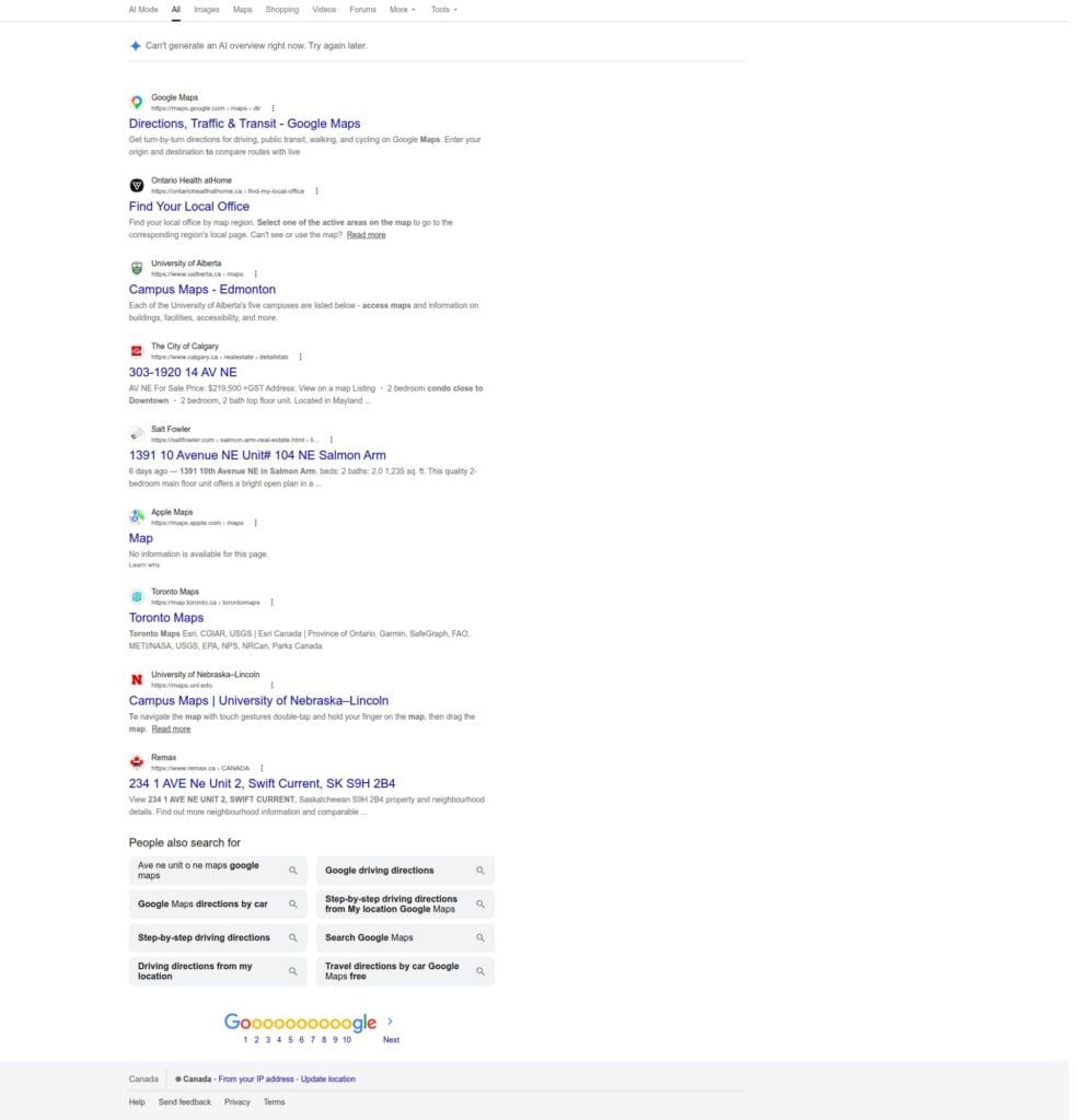Screenshot of Google Maps search results showing various addresses, directions, and map options for locations in Edmonton and Toronto.