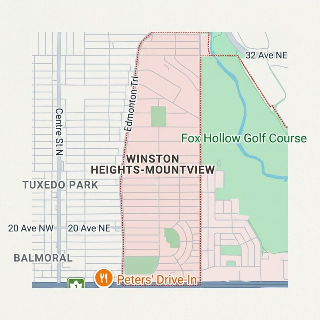 Map showing Winston Heights-Mountview neighborhood with nearby parks, roads, and landmarks including Fox Hollow Golf Course and Peters' Drive-In.